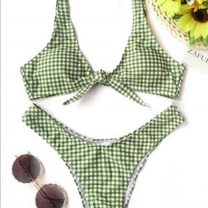 Front Tie Plaid Thong Bikini Set